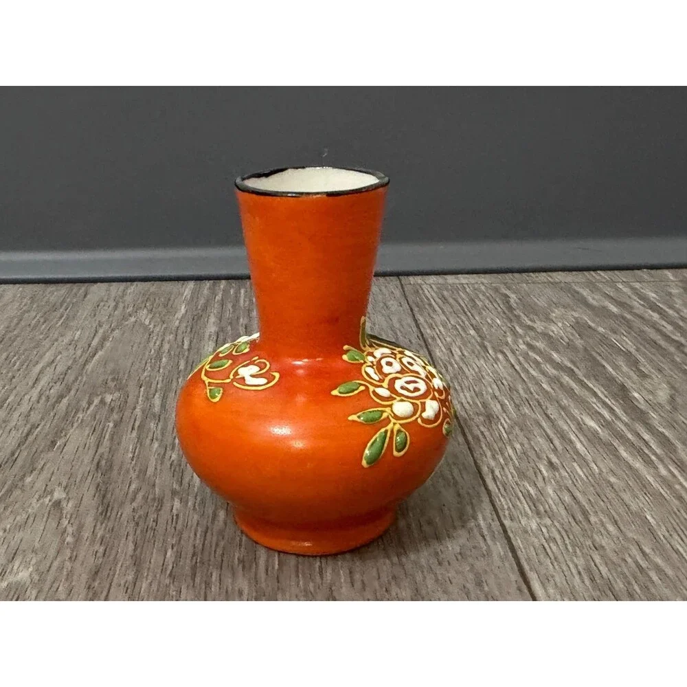 Vintage Japanese Moriage Bud Vase Geisha Girl Hand Painted Orange Miniature
